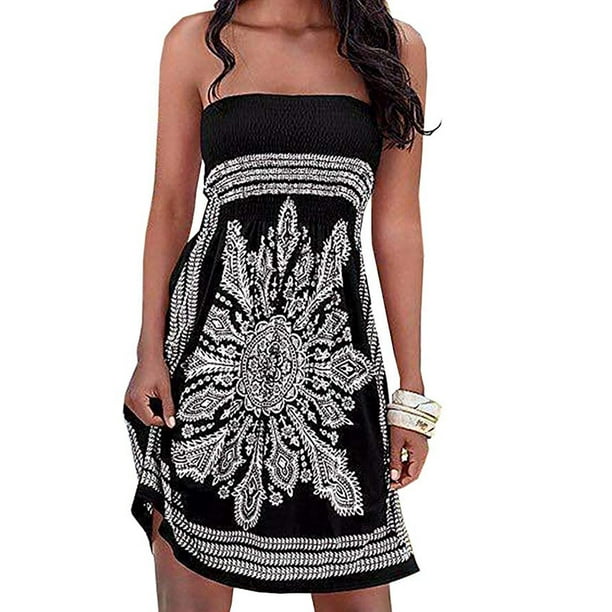 FreshLook - Women's Summer Dress Strapless Floral Print Bohemian Casual ...