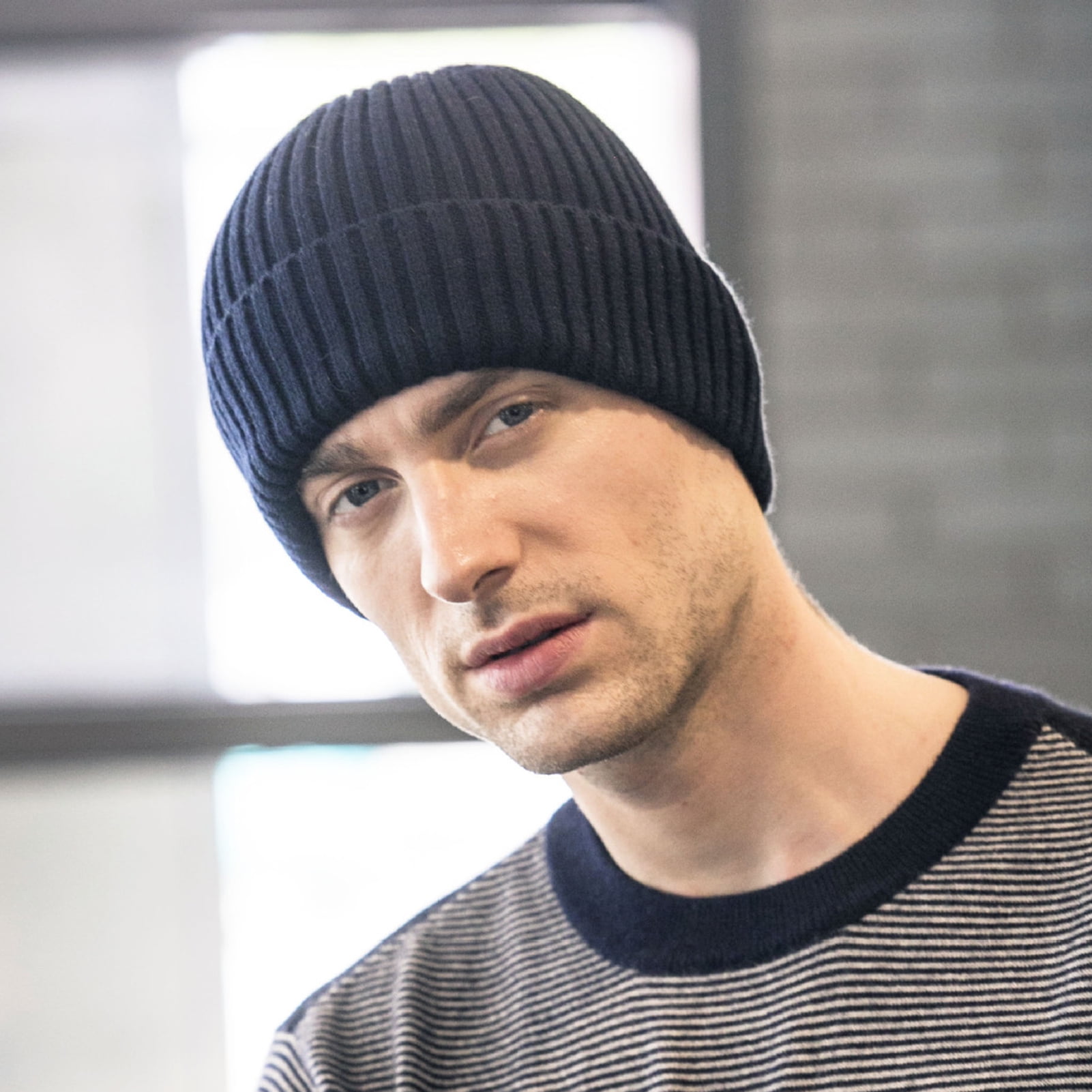 Trayknick Beanie Hat High Elastic Warm keeping Knitted Cotton Thickened Men s Winter Hat for Outdoor Black