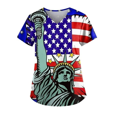 

Taqqpue Independence Day V-Neck Short Sleeve Scrub Tops for Women Plus Size American Flag Print Blouse Casual Working Nurse Uniform Workout Tops T-Shirts with Pockets 4th of July Outfits for Women