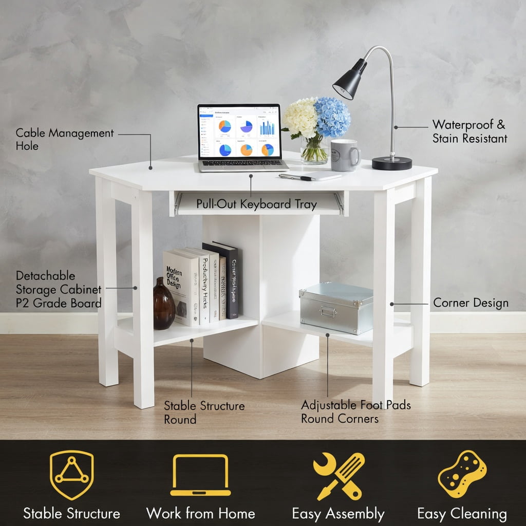 Yardi Yard Wooden Study Computer Corner Desk with Drawer-White, Computer Desk, Gaming Computer Desks for Study,Working,Writing