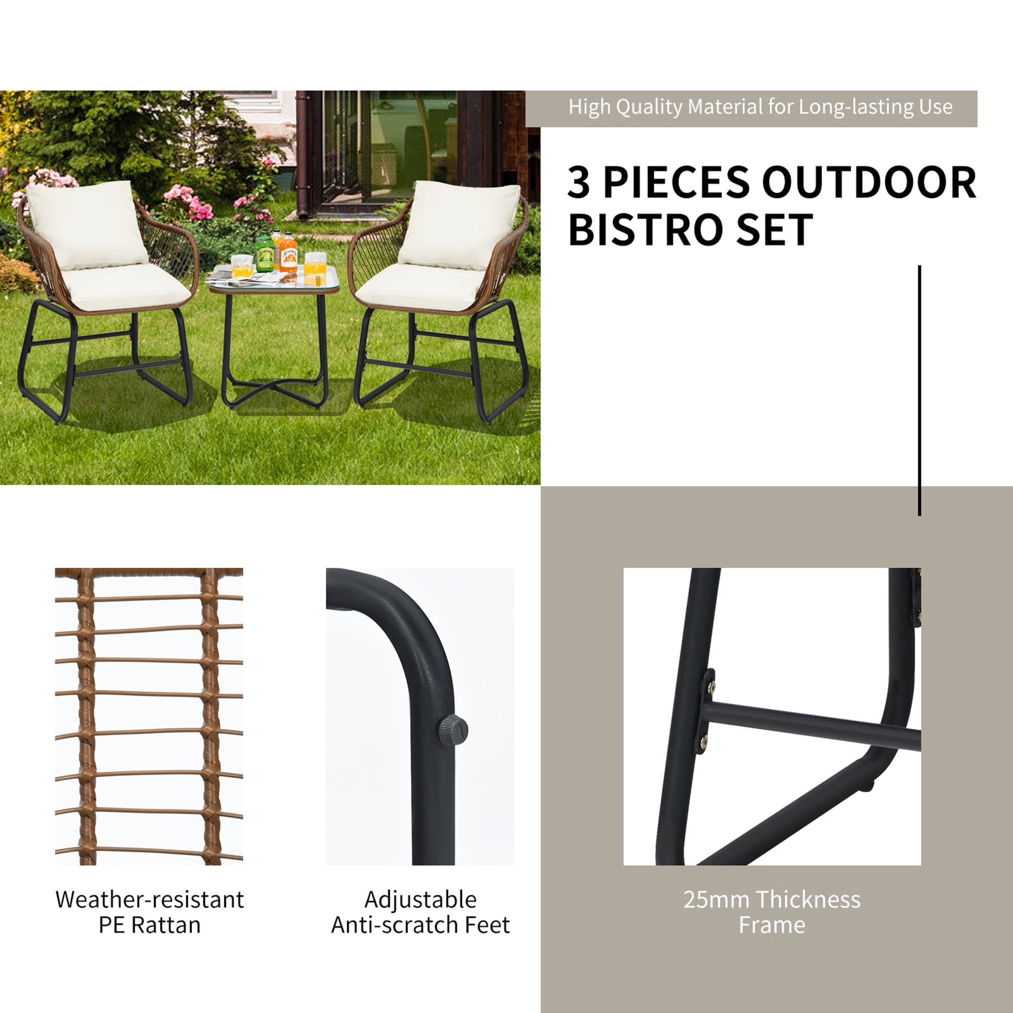 Gymax 3PCS Outdoor Bistro Set Patio Conversation Furniture Set w/ White Cushions