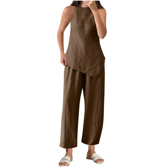 Jamicy Loungewear for Women Summer Outfits Two Piece Linen Sets for Women Pants Casual Dressy Outfit Sleeveless Crop Tank Wide Leg Pants Sets Matching Loungewear