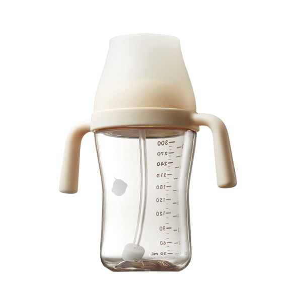 Bc Babycare Straw Cups for Toddlers 1-3, Weighted Straw Cup with Handle & Nipples, 10oz Baby Water Bottles, Beige