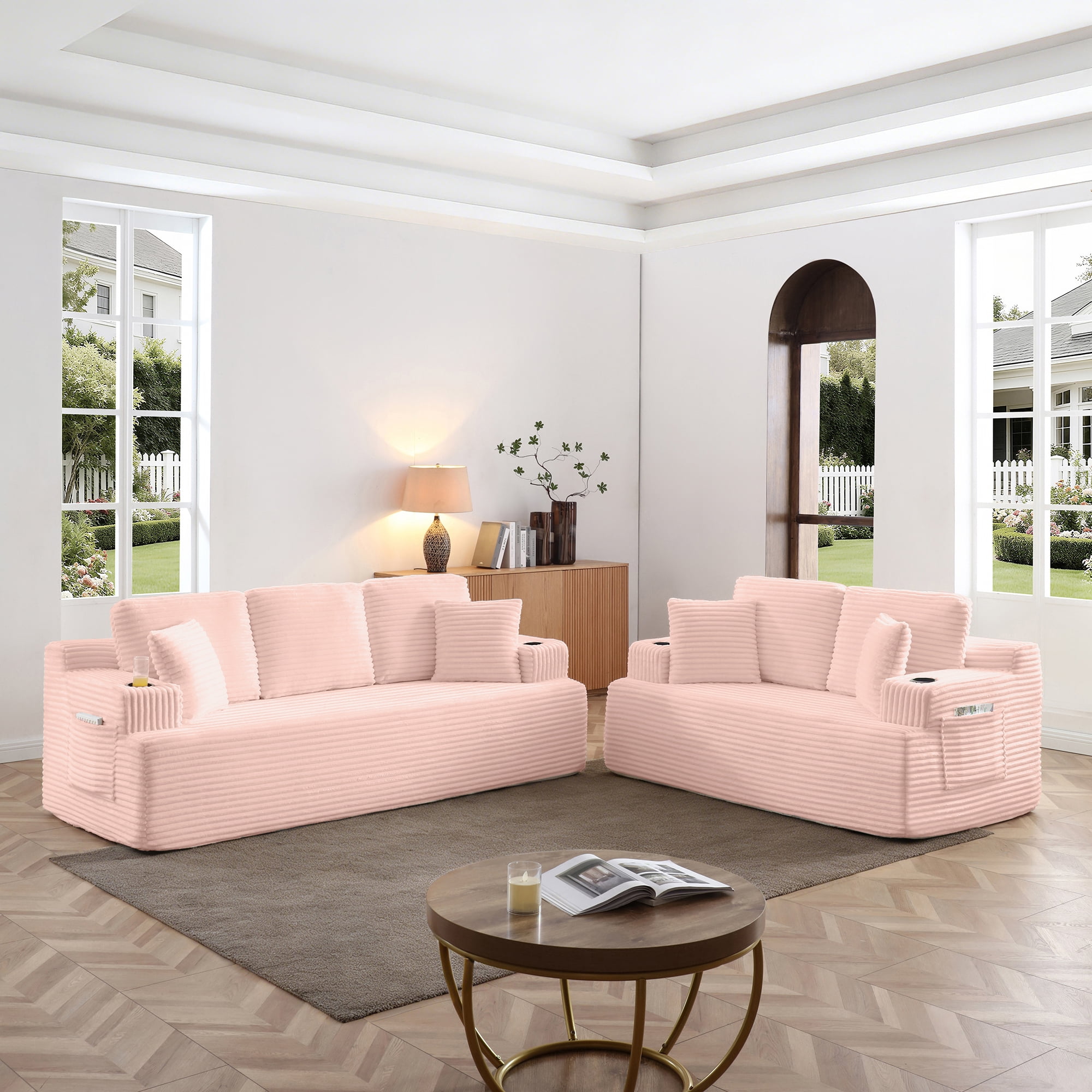 Miniyam 3-Seats Cloud Couch Corduroy Sofa, Boneless Floor Couch No Assembly, with Cup Holders & Side Pockets for Living Room (Pink)