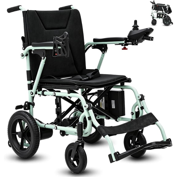 36lbs Ultralight Foldable Electric Wheelchair for Adults & Seniors ,Long Travel Range, All Terrain, With LED Light & Cup Holder(Mint-Green)