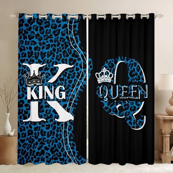 Feelyou Cheetah Leopard Print Blackout Curtains Set of 2 (52x84 Each), Couple Romantic Crown Window Curtains, Black Blue Curtains and Drapes, Luxury Bedroom Decor