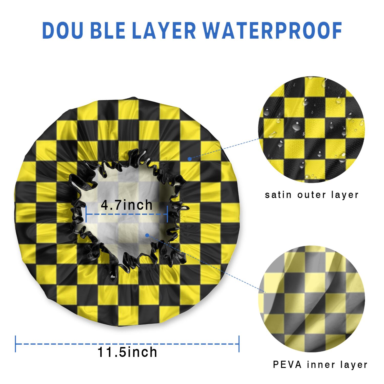 Shower Caps,Yellow and Black Checkered Pattern Waterproof Shower Cap for Women 4 Pieces,Double Reusable Hair Cover for Shower PEVA Elastic Stretch Hem