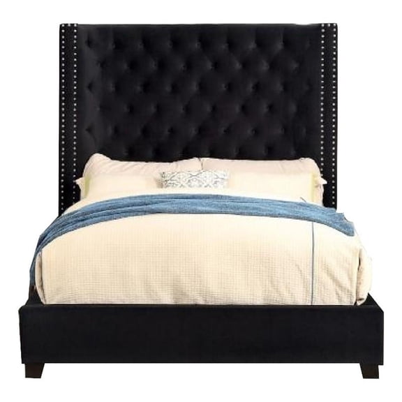 Rozy Queen Bed with Wingback Headboard-Nailhead Trim-Black Upholstery