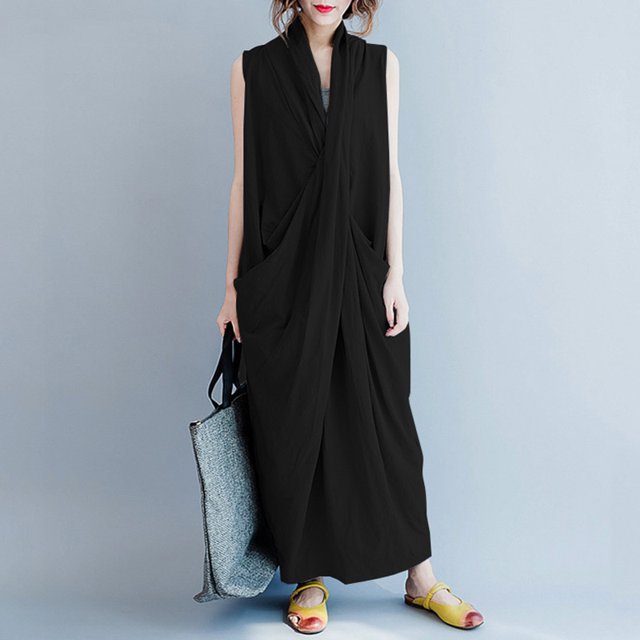 Vestido largo ocasional de las mujeres de gran tamaño con cuello en V sin mangas bolsillos cruzados Abanopi Negro/4XL