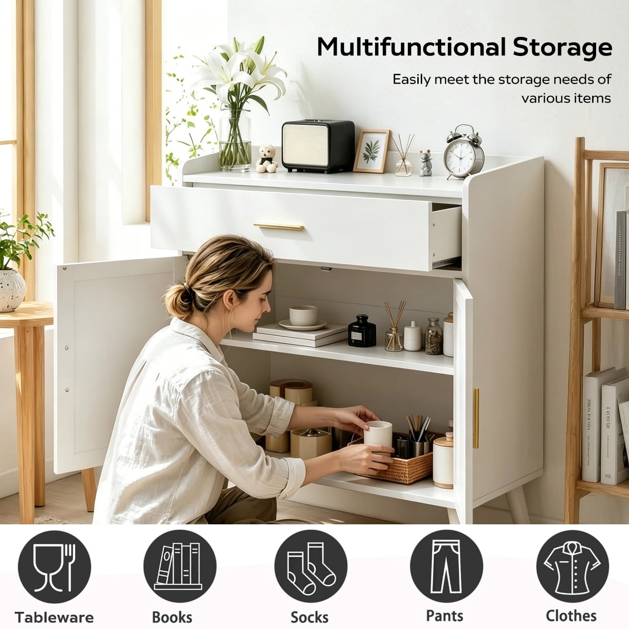 Kitchen Storage Cabinet, Farmhouse Buffet Cabinet , Storage with 1 Drawers and 2 Doors, Cabinet with Solid Wood Feet,Floor Sideboard Buffet for Living Room, Dining Room, Bathroom,(white Color)