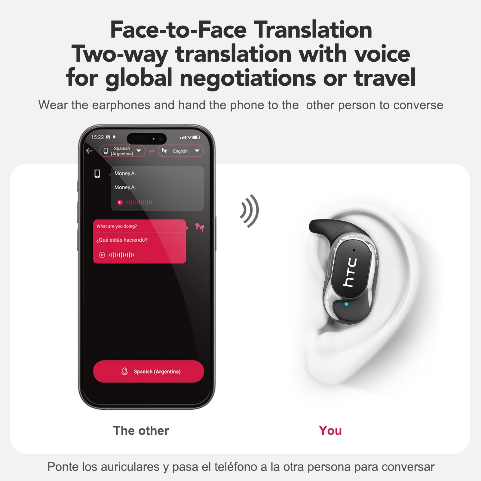 HTC NE17 Translation Earbuds Open Ear Headphone Sports 135 Languages Bluetooth 6.0 for HD Stereo Sound Waterproof