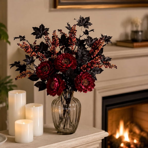 Bcylexb Artificial Flowers Floral Stems, Lifelike Fake Flower Bouquets with Black Leaves Spooky Halloween Decorations for Vase Home Table Centerpiece