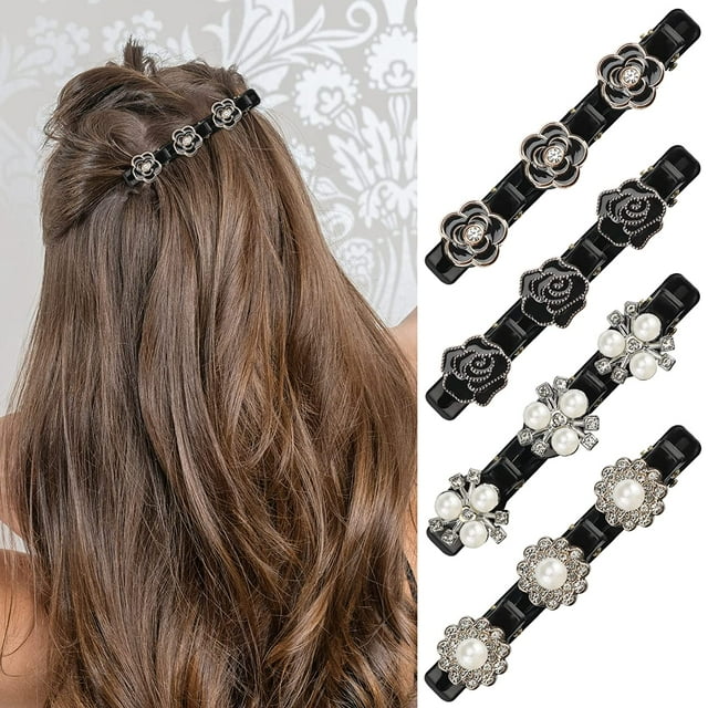 4 Pcs Hair Clips for Women Girls Sparkling Crystal Stone Braided Hair Clips Stain Fabric Hair Bands Shiny Rhinestone Small Hair Clips Rhinestones Flower Butterfly Duckbill Hairpin for Styling (Cute)