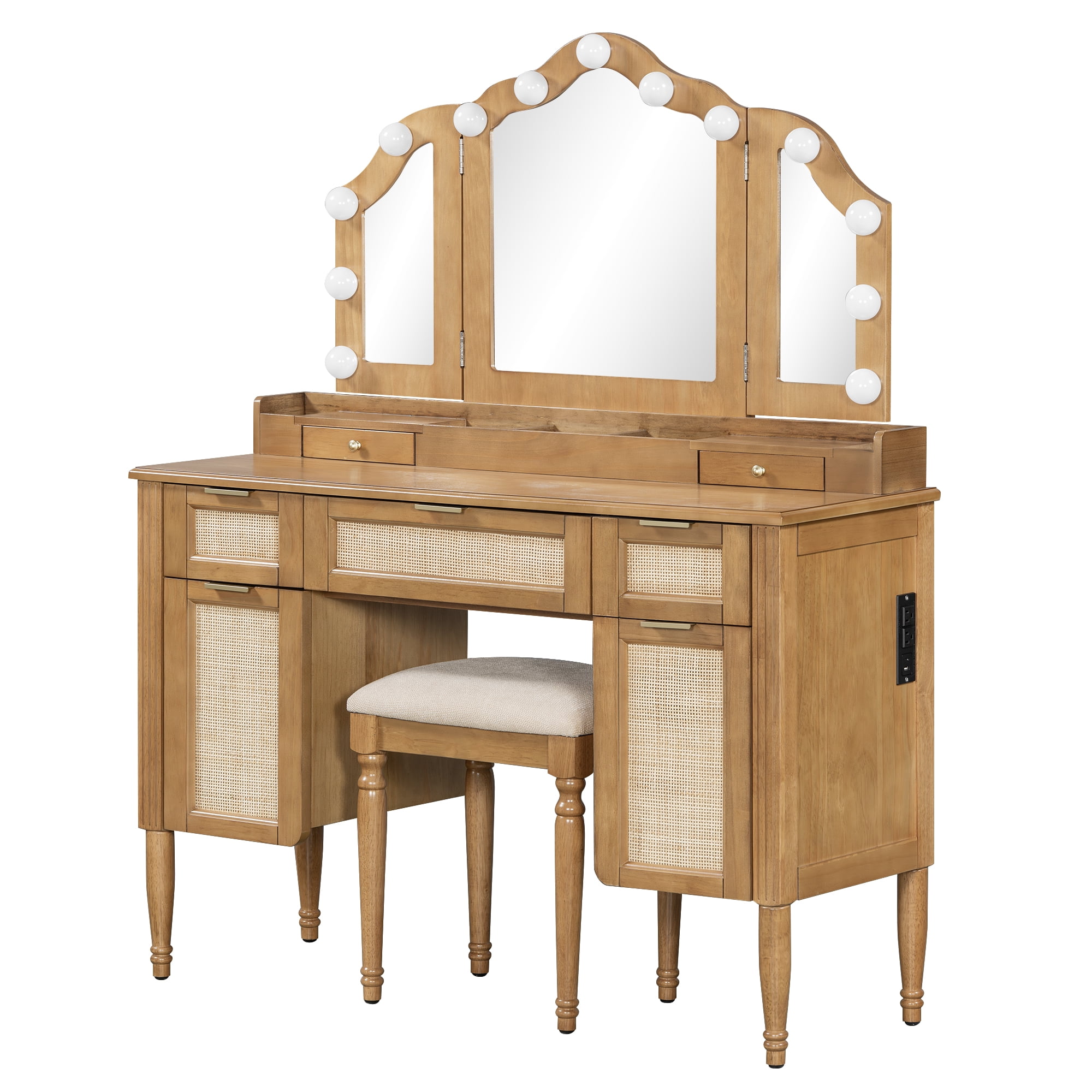 Aukfa Luxury Makeup Vanity Set with Tri-Fold Mirror & Lights, Large Vanity Desk with 5 Drawers, Tool and Built-In Outlets,Natural