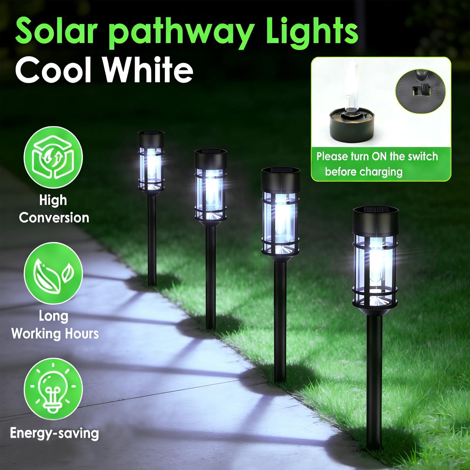 Solar Pathway Lights, 8 Pack LED Solar Lights Outdoor Waterproof, Glass Metal Garden Lighting for Yard Path Landscape Lawn Walkway Driveway, 3000K