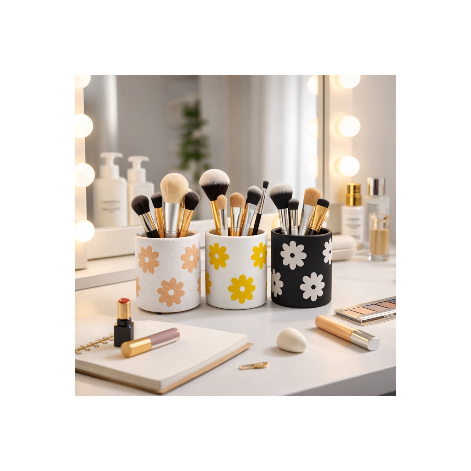 Cylinder Desk Organizer for Home Decor - Ceramic Desktop Organizer for Office Storage and Small Desk Workspace  - Boho Floral Office Accessory Decor for Tabletop - Set of 3, 5", White & Black