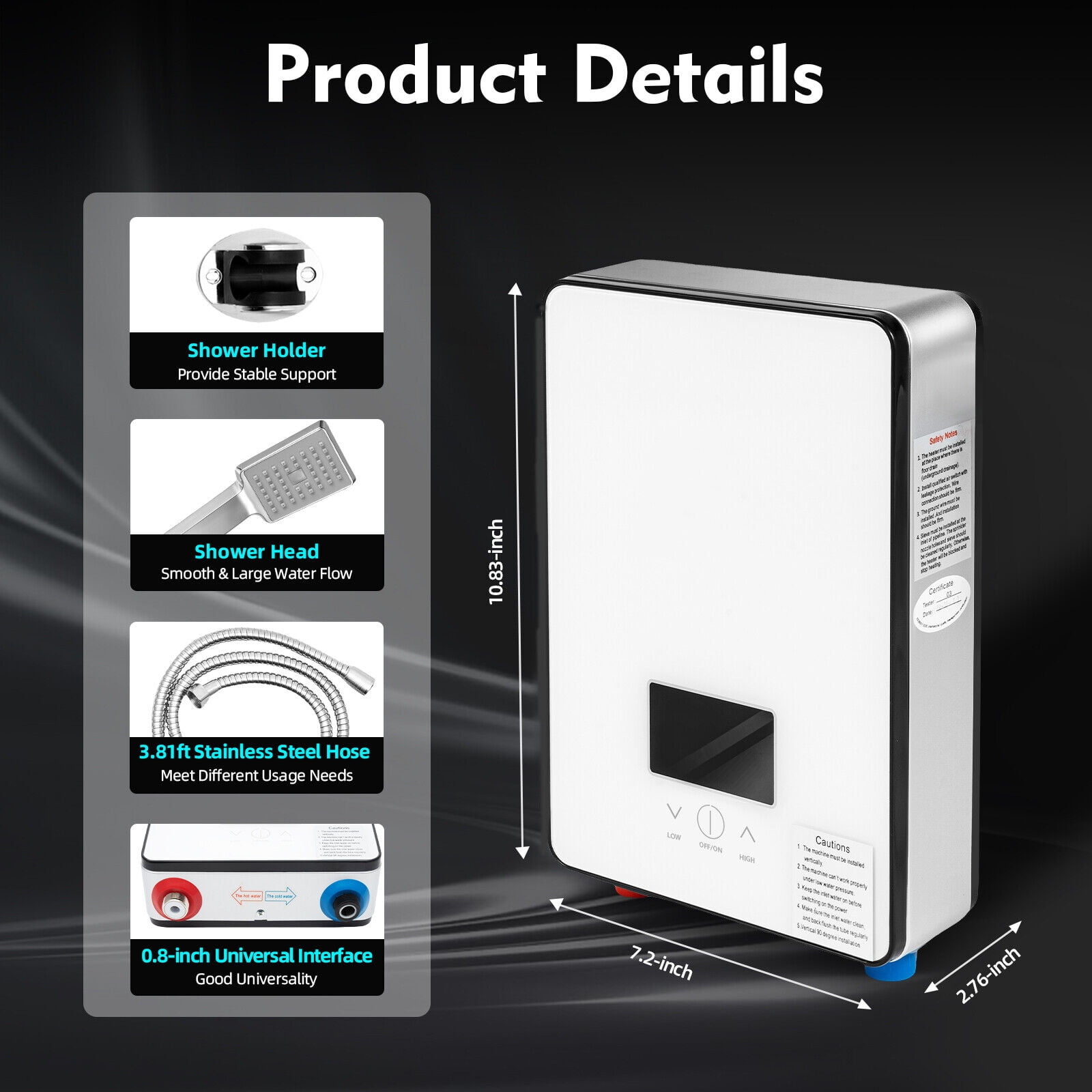 Instant Electric Tankless Hot Water Heater Bathroom Whole House Color Screen + Shower Three-Piece Set 4500W 110V White