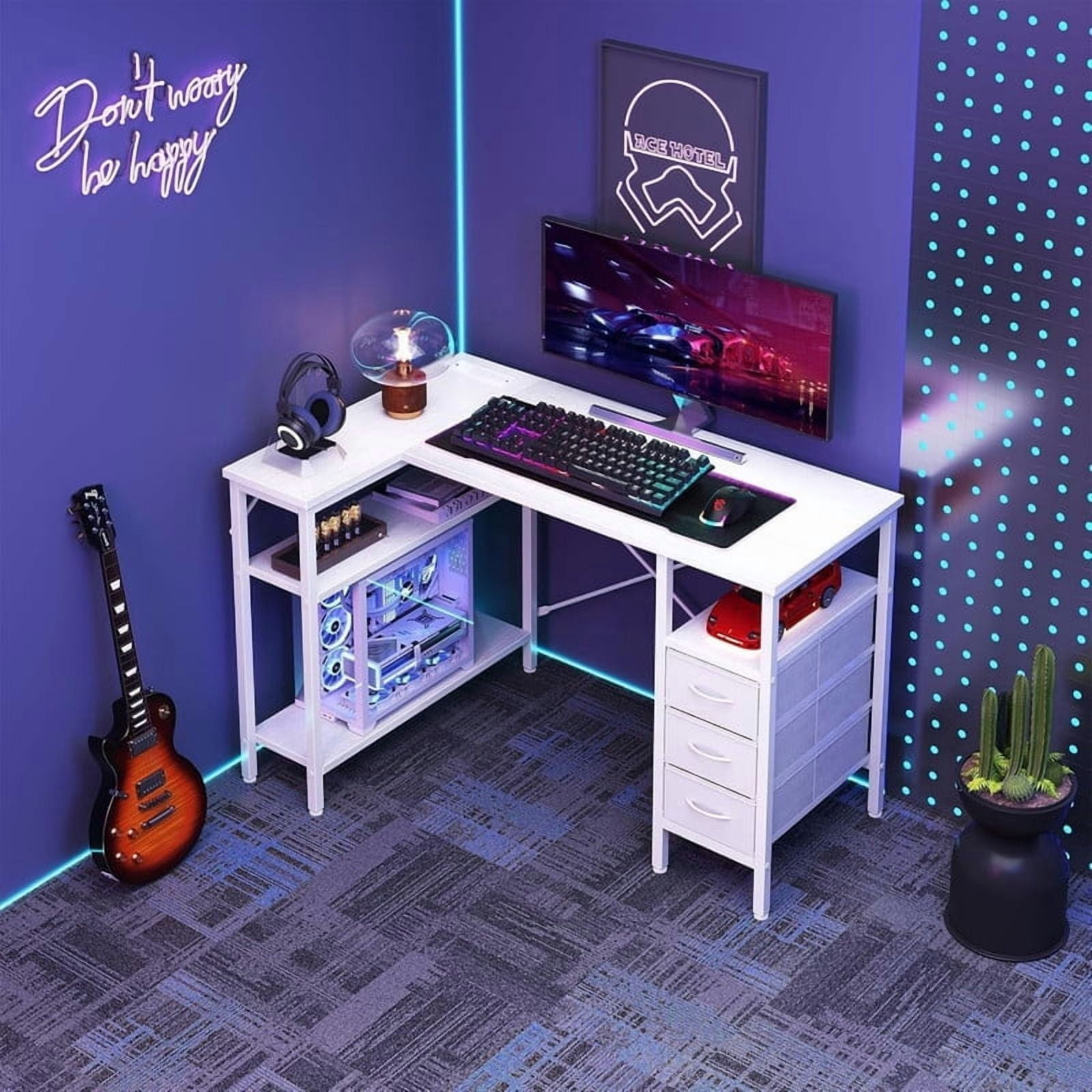 Kelno 47 Inch L Shaped Computer Desk with Power Outlets Adjustable Shelf 3 Fabric Drawer,White