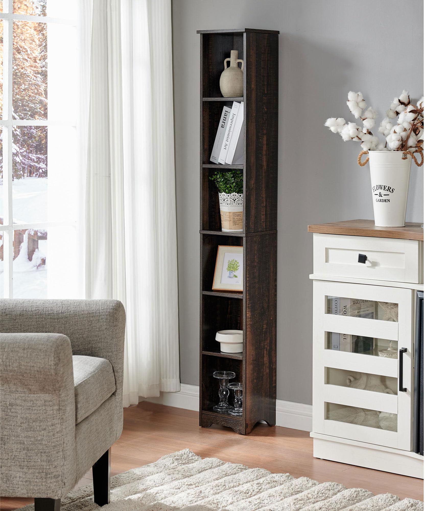 Kings Brand Furniture Mora 6-Tier Tall Narrow Slim Bookcase, Antique White
