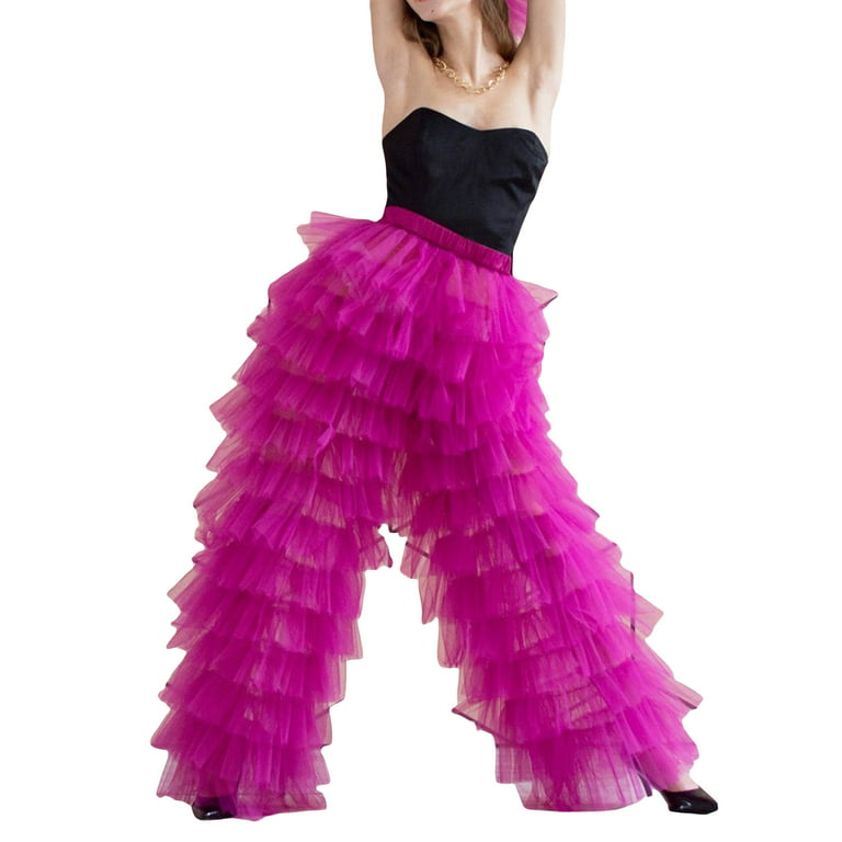 Women's Tulle Pants Puffy Solid Color Multi-Layer Ruffle Yarn High Waist  Trousers Mesh Wide Leg Pants 