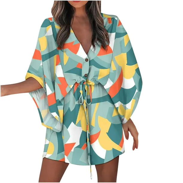 Vestidos Casuales de Verano Con Cordón de Media Manga Y Cuello en V Con Botones Estampados en La Parte Delantera Para Mujer Odeerbi ODB116223