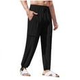 thumbnail image 1 of Pantalones largos de trabajo para hombre, pantalones casuales multibolsillos de talla grande, pantalones tobilleros holgados de algodón y lino con cordón ajustable, pantalones de poliéster para hombre, 1 of 5