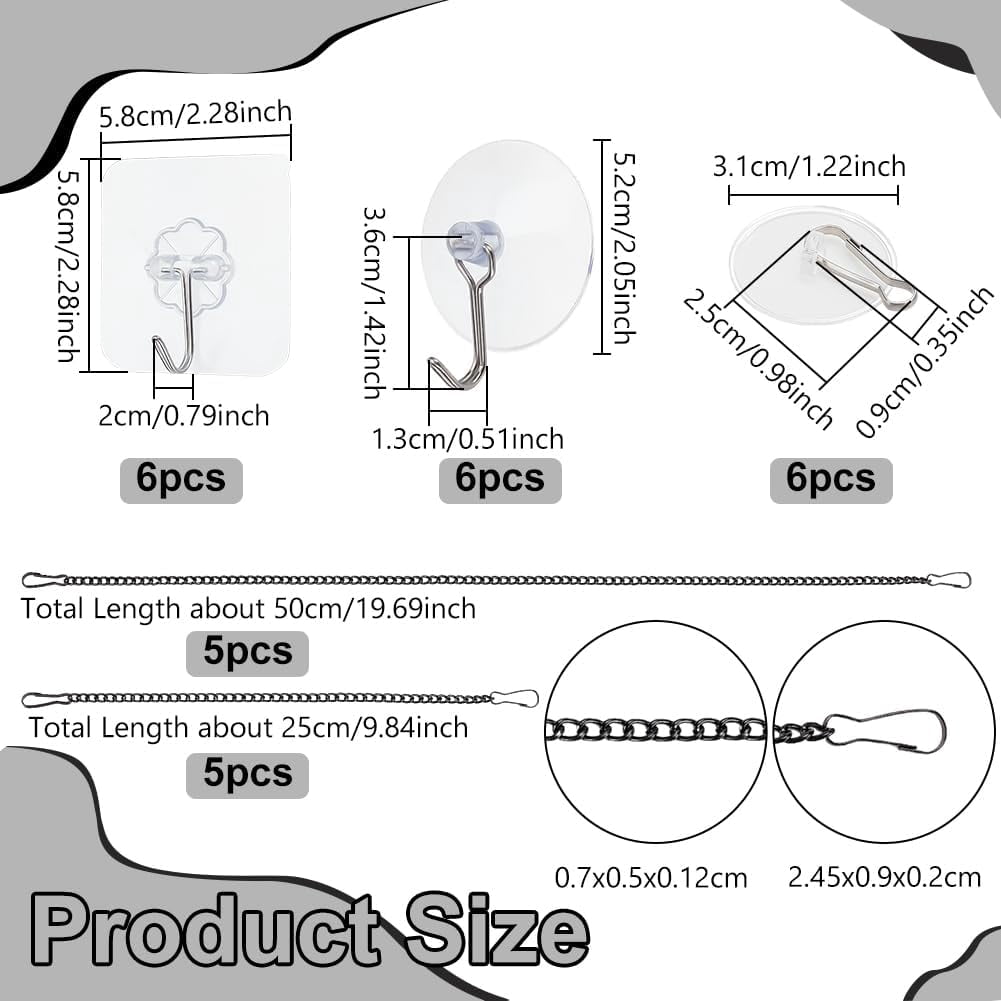 Stained Glass Window Hanging Chain Kit – 6 Chains (4x10", 2x20") With 12 Hooks (Suction Cup, Wall, Ceiling), Black Nickel Plated, Rust-Resistant, For Sun Catchers & Decor
