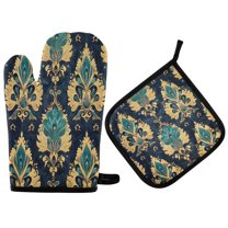 Yayeee Oven Mitts and Pot Holder Set of 2 Heat Resistant Kitchen Gloves Baking Hot Pad, Green Peacock Pattern