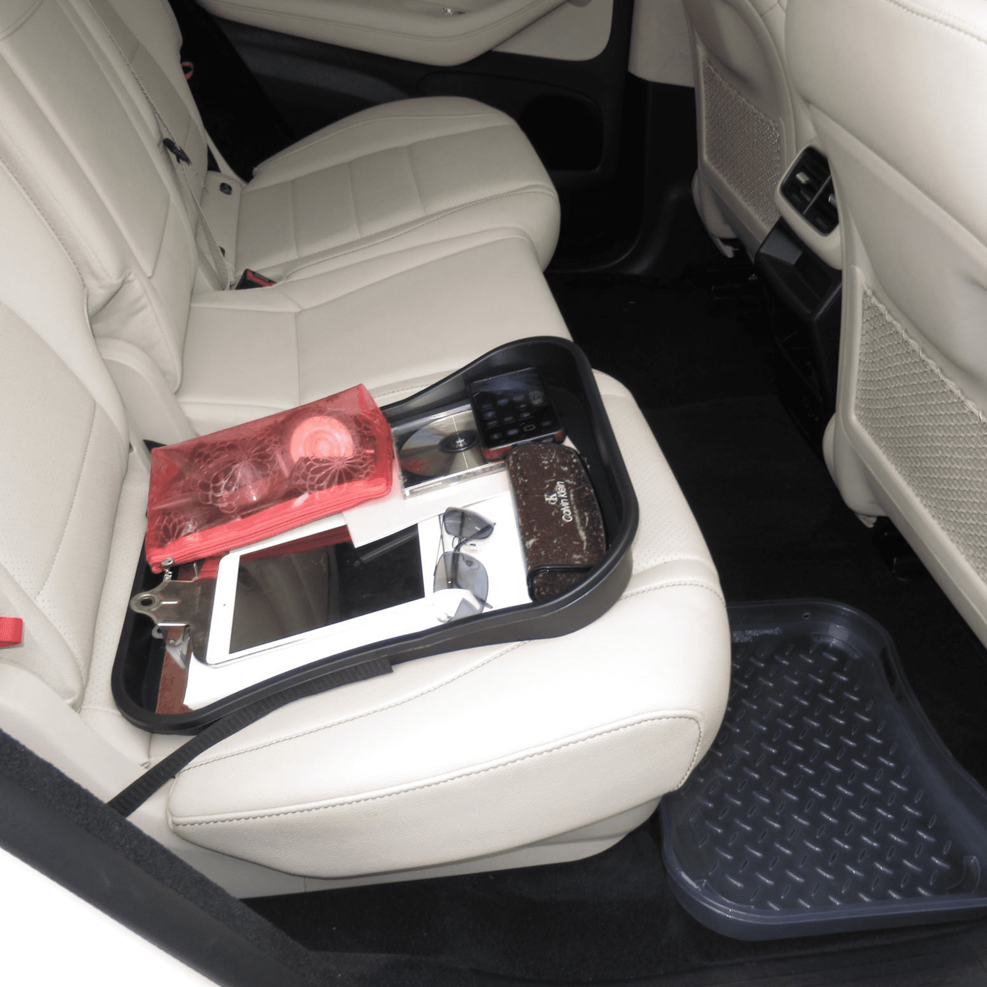 CarSeat Tray+, Clear 17" x 15" x 2.25" Front Seat Organizer For Storing Random Items.