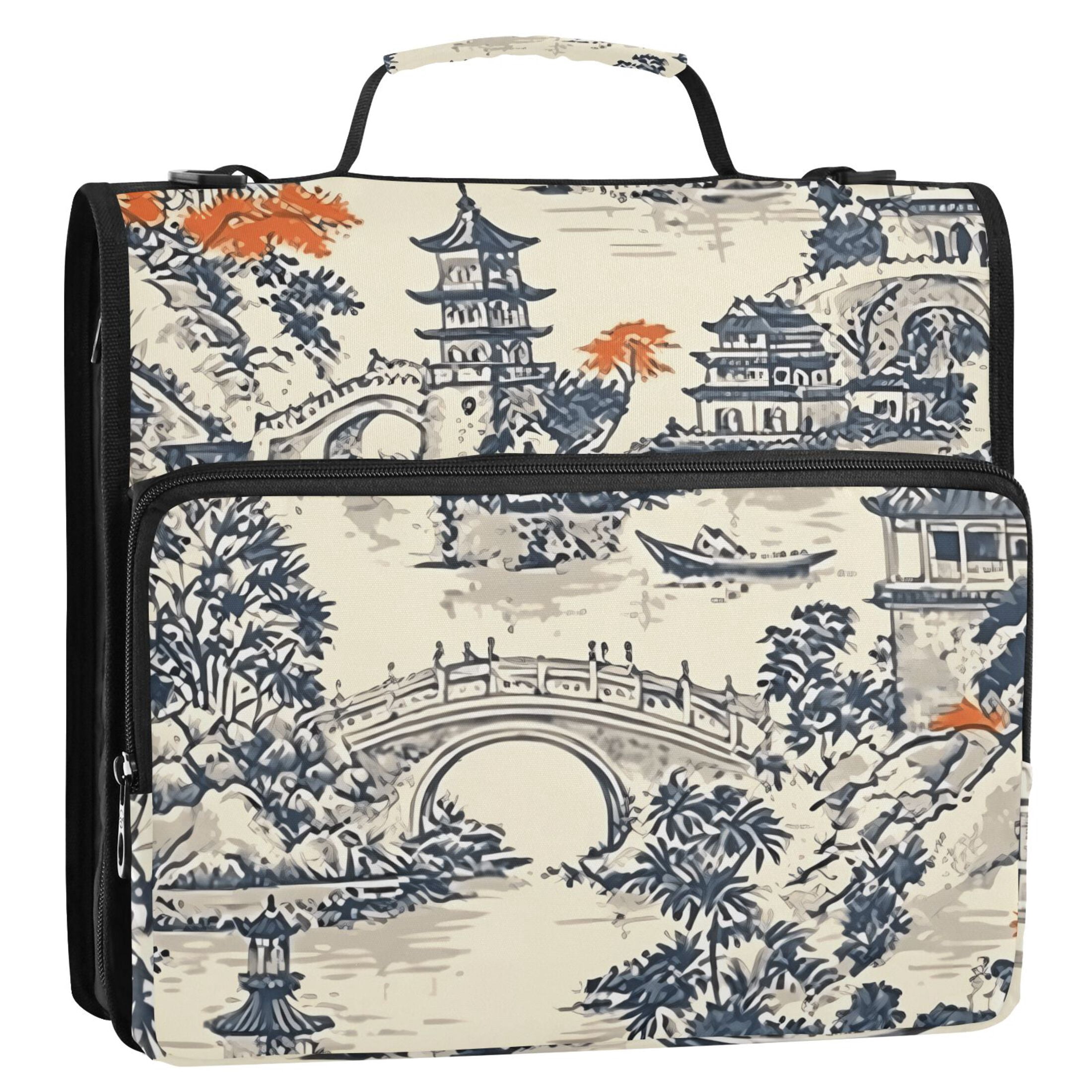 3 Ring Zipper Binder with Shoulder Strap Waterproof Trapper Keeper 2 Inch D-Ring 500 Sheets Capacity Garden with Pagoda and Bridge