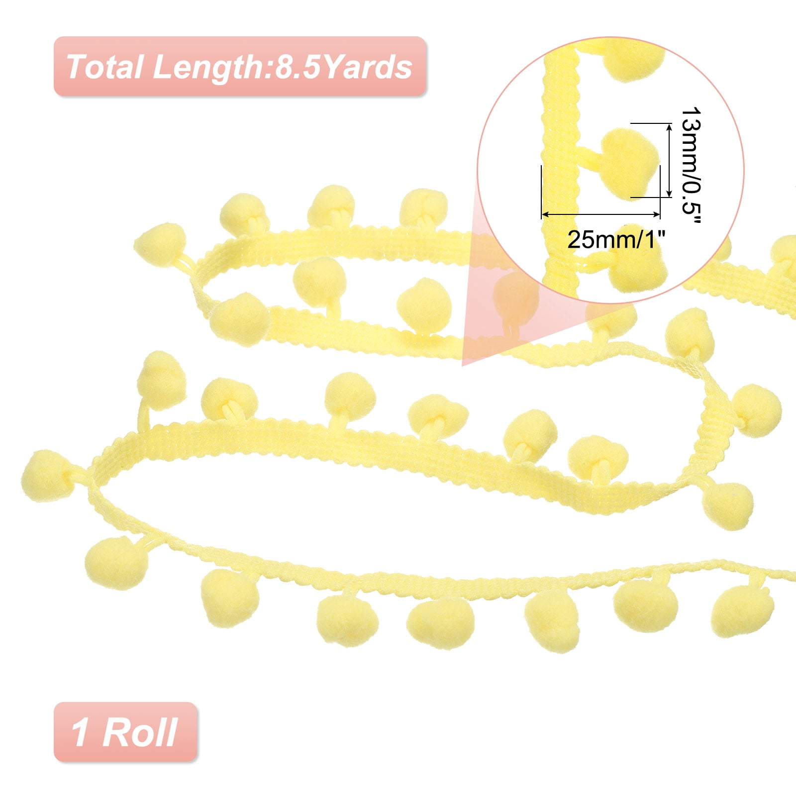 Unique Bargains Pom Trim Ribbon Wide Ball Fringe Trim DIY Crafting Light Yellow