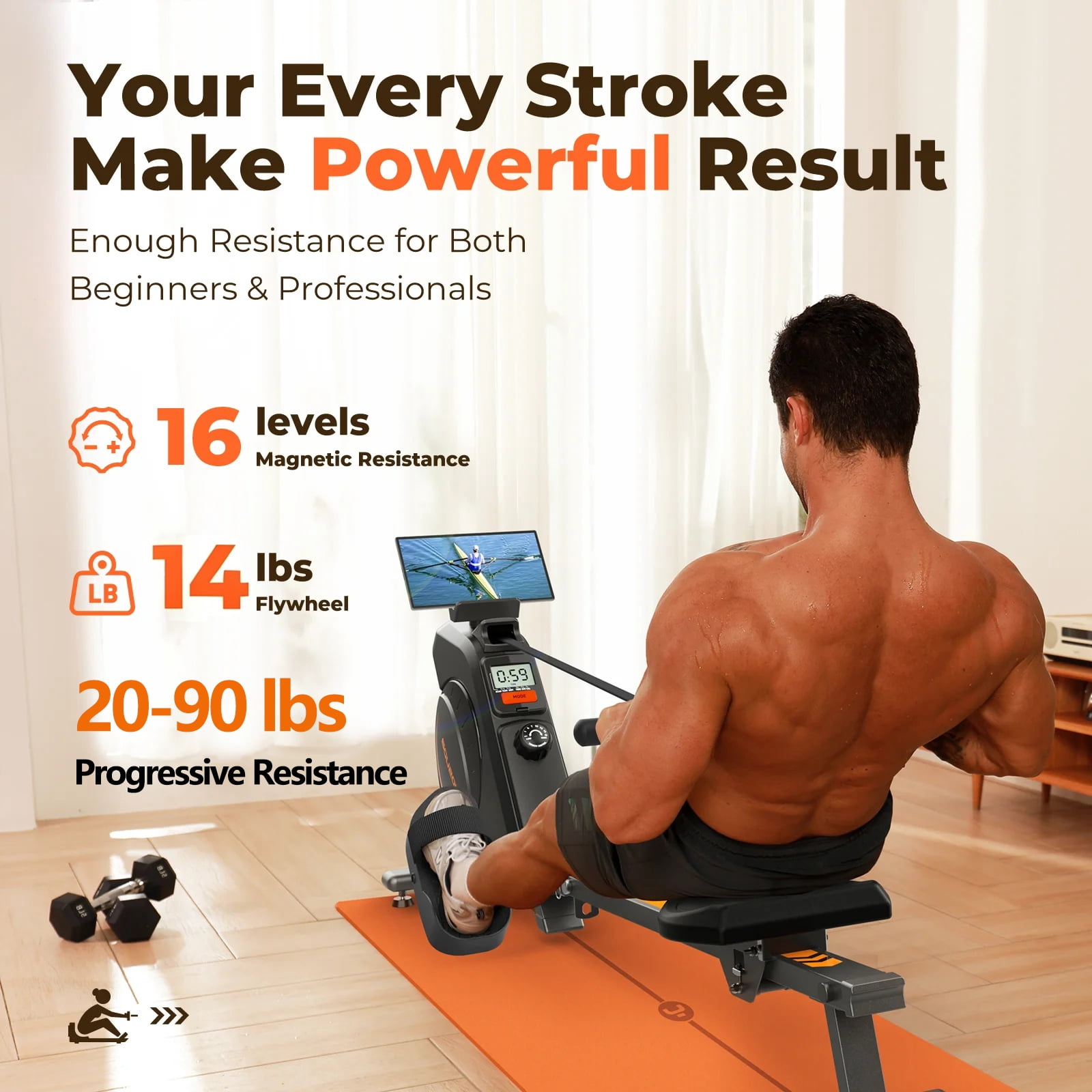 YOSUDA Magnetic Rowing Machine 350 lbs Weight Capacity - Foldable Rower for Home Use with Bluetooth, App Supported, Tablet Holder and Comfortable Seat Cushion