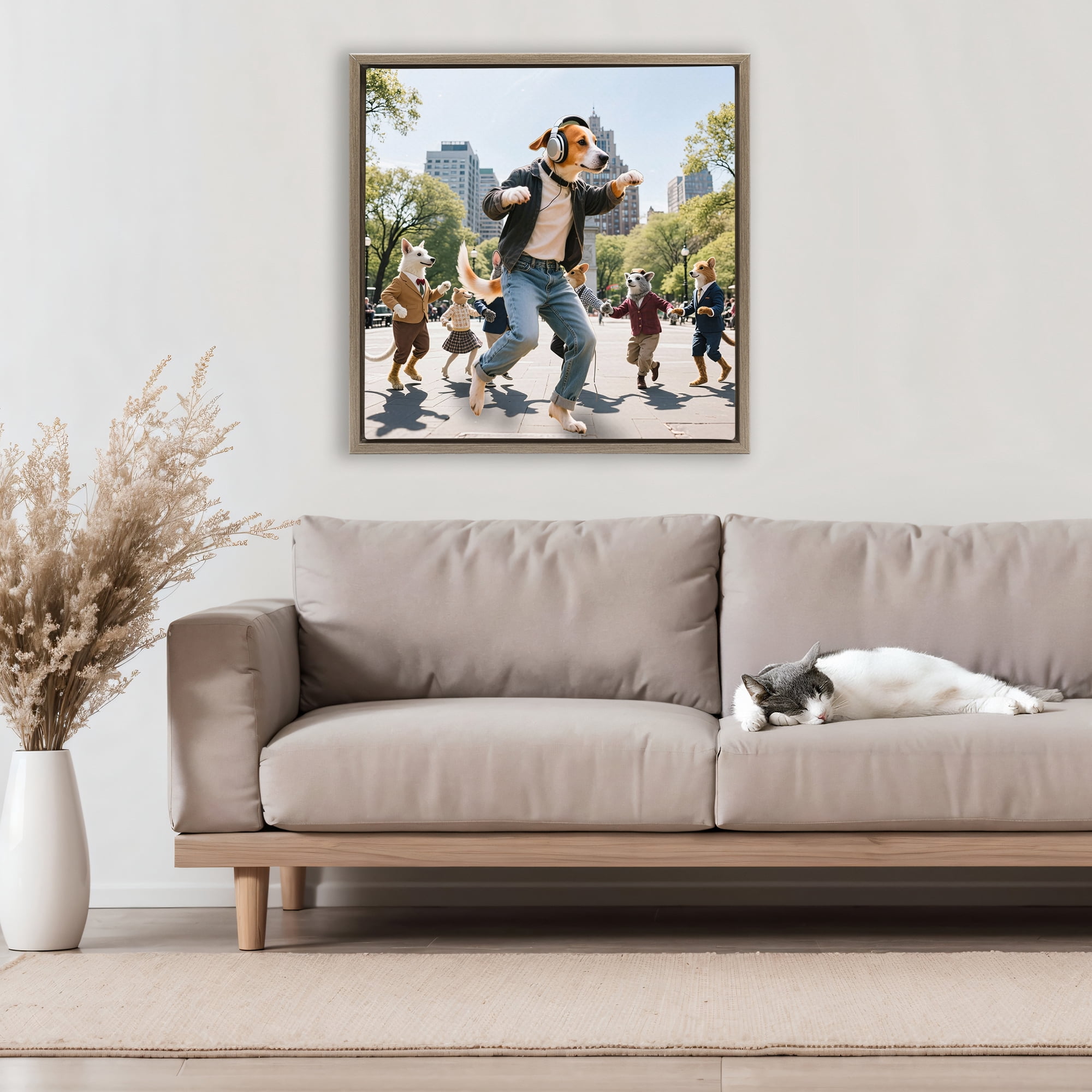 Stupell Industries Stylish Dog Dancing in Park Brown Framed Floater Canvas Wall Art, design by CAD Designs