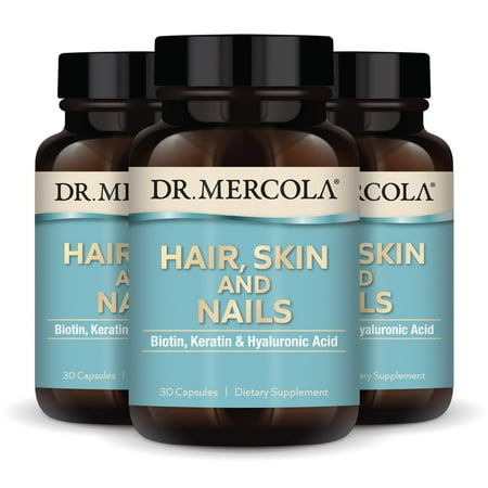 Dr. Mercola Hair, Skin & Nails (3 Pack) 30 Capsules (30 Servings), with Biotin, Solubilized Keratin, and Low Density Hyaluronic Acid, Non GMO, Gluten Free, Soy Free