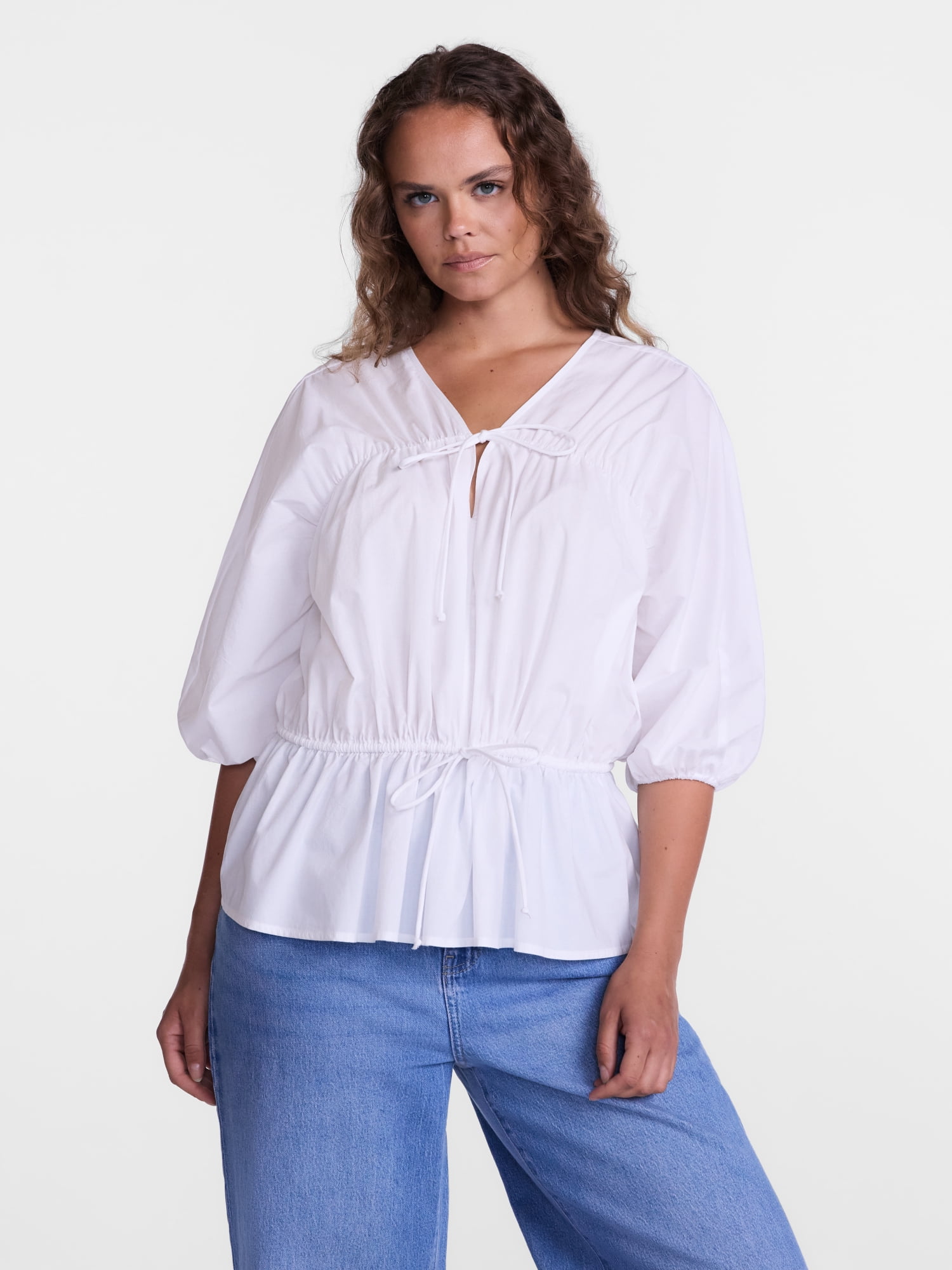 Scenario Women's Front Tie Peplum Top with 3/4-Length Sleeves, Size XS-XXXL
