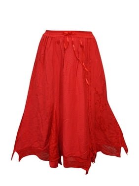 Mogul Women's Medieval Skirt Red Embroidered Flared Elastic Waist Skirts