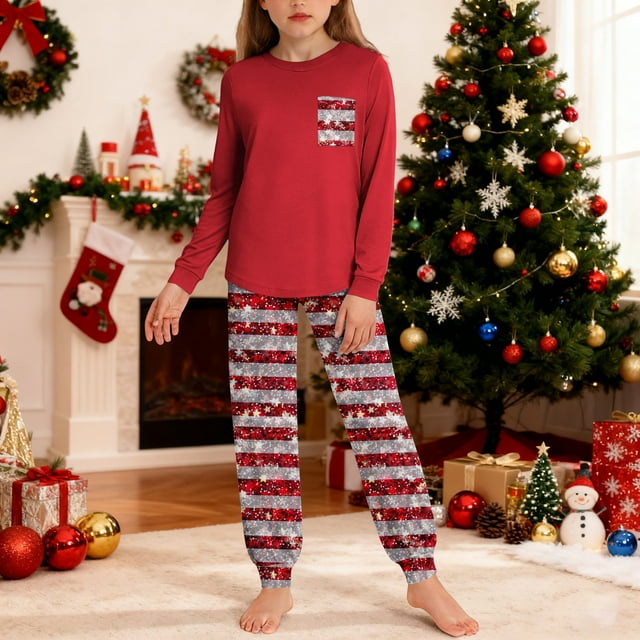 Conjuntos de blusa y camisa de manga larga con cuello redondo para niños y niñas de 5 a 14 años con estampado y bolsillo. Conjunto de top y pantalón de manga larga.