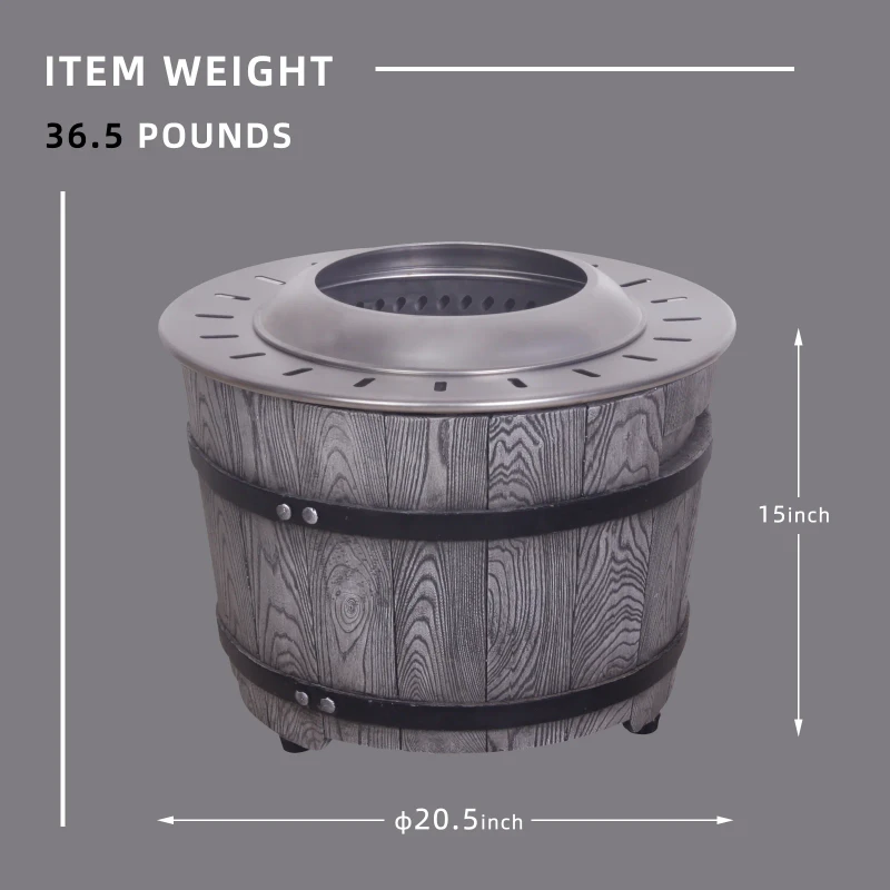 Afterglow Smokeless Fire Pit, 20.5" Round Wood Burning Stainless Steel Top and TerraFab Material Base,Firepit with Weather Cover Perfect for Outdoor Patio Garden, Wood Grain Gray