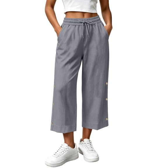 TEAJOPSUU Women's Cotton Blend Capri Pants Drawstring Elastic Waist Cropped Wide Leg Pants Decorative Side Buttons for Casual Everyday Loungewear Gray