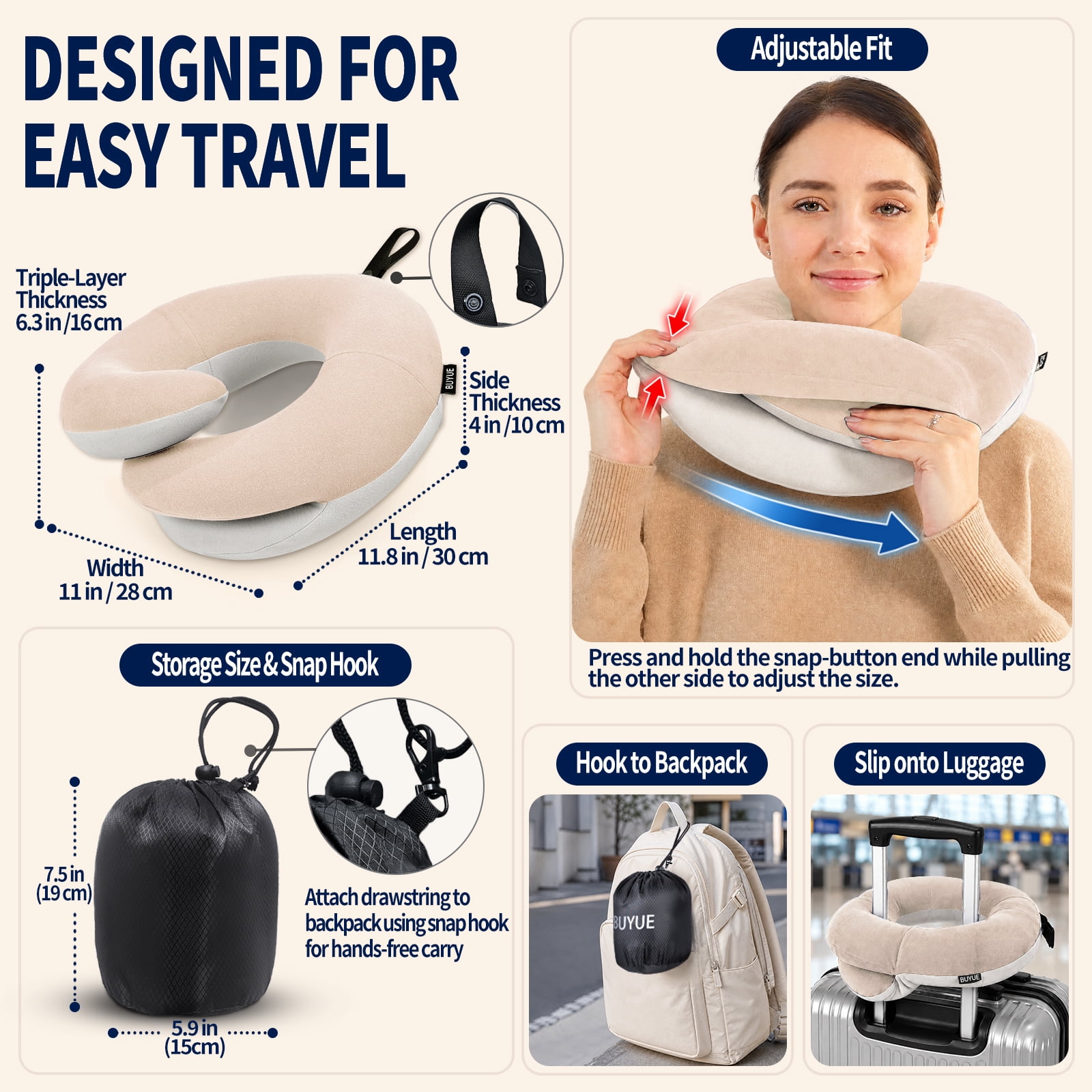 BUYUE Travel Neck Pillows for Airplanes, 360° Head Support Sleep for Long Flight, Skin-Friendly & Breathable, Kit with 3D Contoured Eye Mask, Earplugs and Storage Bag (Adult, Beige, 90+ lbs)