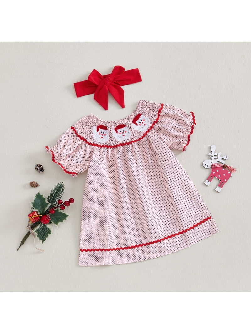 white christmas dresses Smocked Snowman Red Christmas Girls Dress Bishop Style main image 1