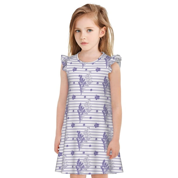 Fotbe Stripes and Sprigs of Lavender Vestido de Dormir para Niñas de 3 a 10 Años, Mangas Cortas, Estilo Princesa, Pijama Camisón con Mangas Voladas-XX-Large