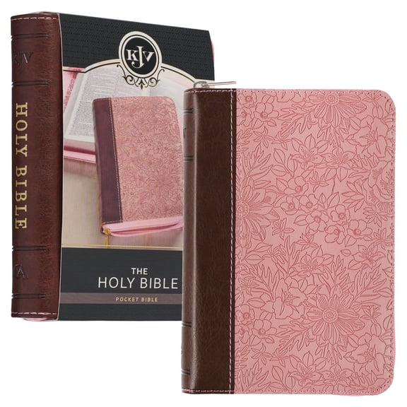 KJV Holy Bible, Mini Pocket Size, Faux Leather Red Letter Edition - Ribbon Marker, King James Version, Pink/Saddle Tan, Zipper Closure, 6.2" x 4.3"