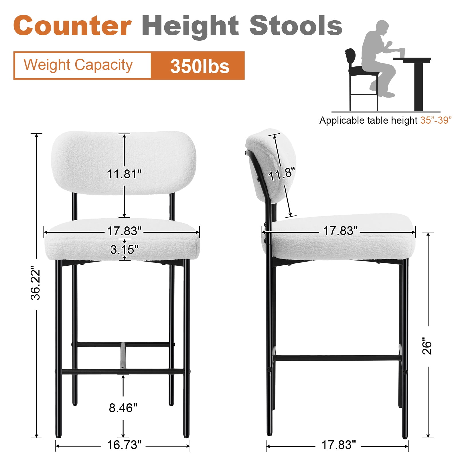 Hommpa Bar Stools Set of 2 with Back & Footrest 26" Counter Height Barstools Boucle Bar Chairs Modern Pub Chairs White Plush for Kitchen Island Bistro Coffee Shop Mid Back
