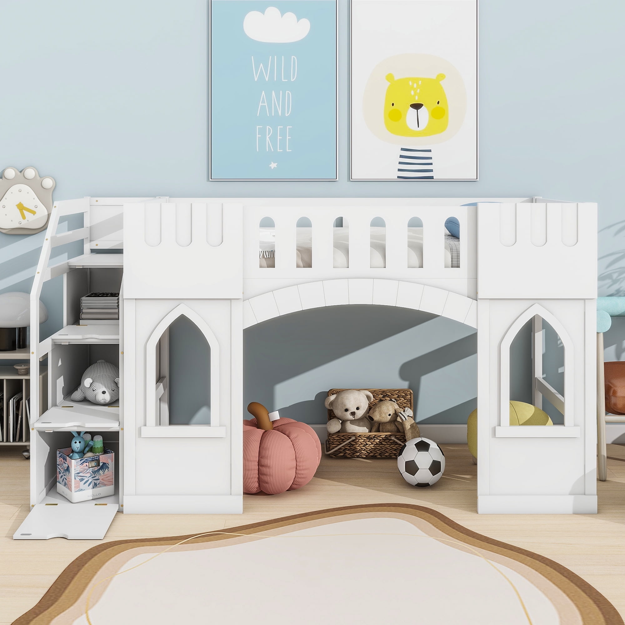 Euroco Wood Twin Size Loft Bed, Castle House Bed with Storage Staircase, White