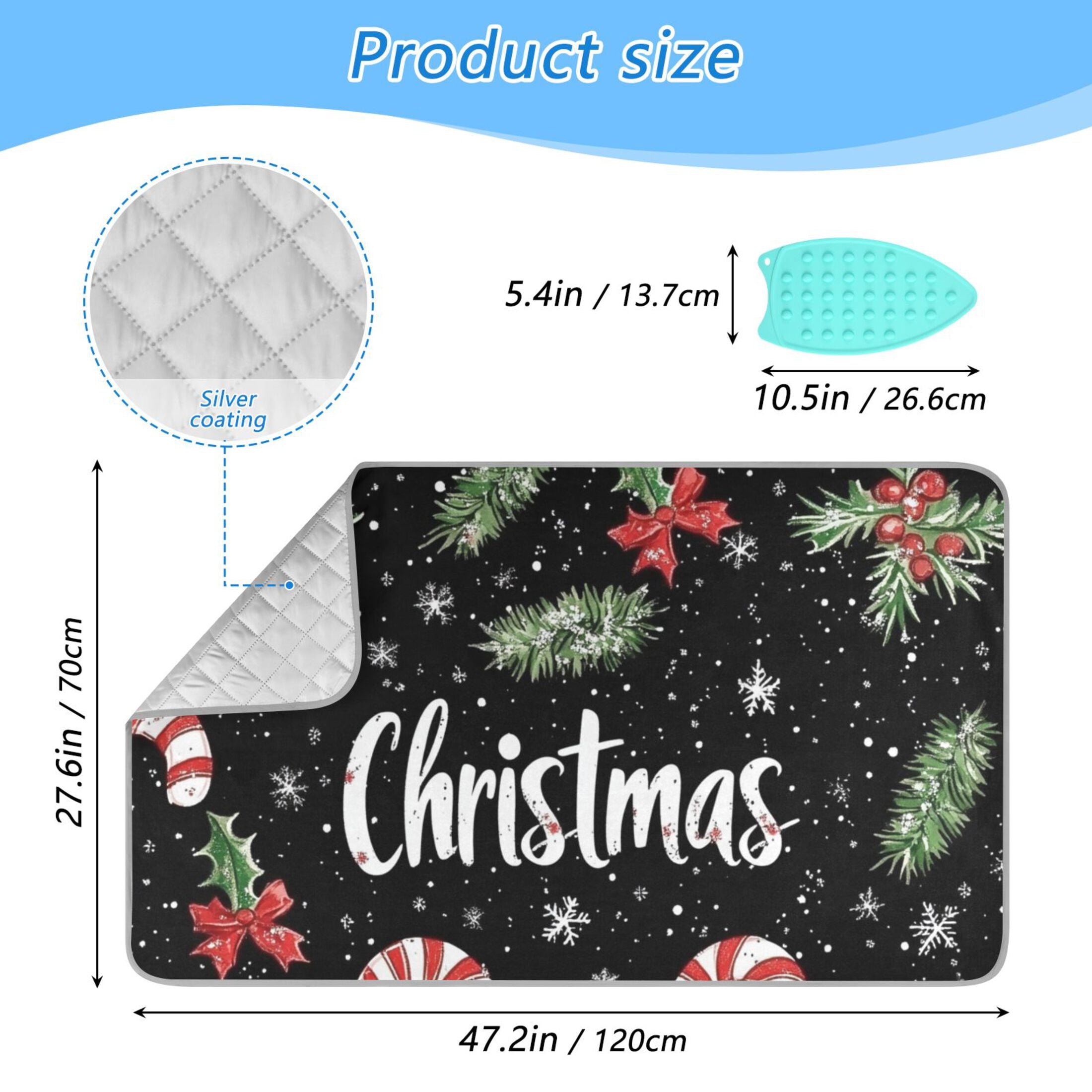 Pine Leaves Candy Canes Christmas Snowflakes Ironing Mat Blanket Portable Travel Ironing Pad Heat Resistant Pad 47.2" x 27.6”