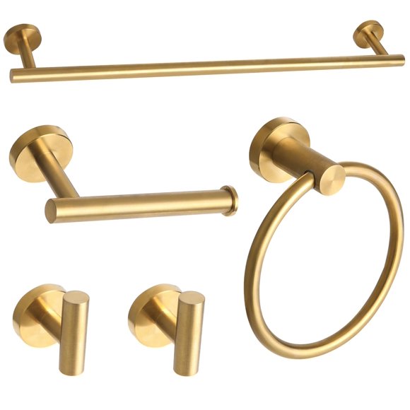 Ntipox Ensemble d'Accessoires de Quincaillerie de Salle de Bain Brossé Or 5 Pcs, Ensemble Barre de Serviette de Bain en Acier Inoxydable 24 Pouces, Porte-Papier Hygiénique, Porte-Serviette, Serviette