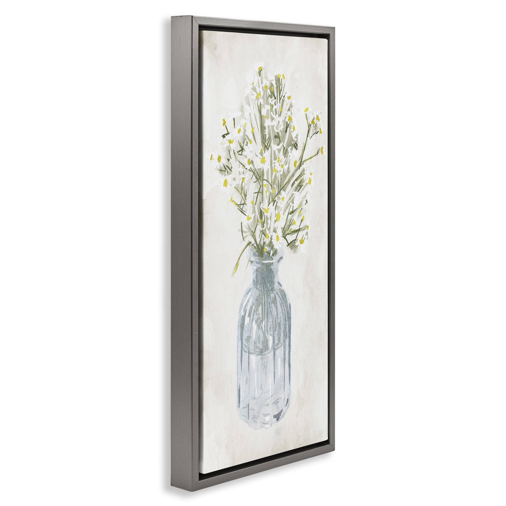 Stupell Industries Quaint White Daisies in Jar Botanical & Floral Painting Gray Floater Framed Canvas Art Print Wall Art, 11 x 25
