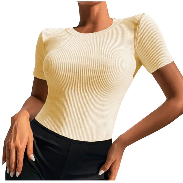 Blusa superior sexy de manga corta sólida con cuello redondo de verano para mujer con estilo OAVQHLG3B Store lin121212