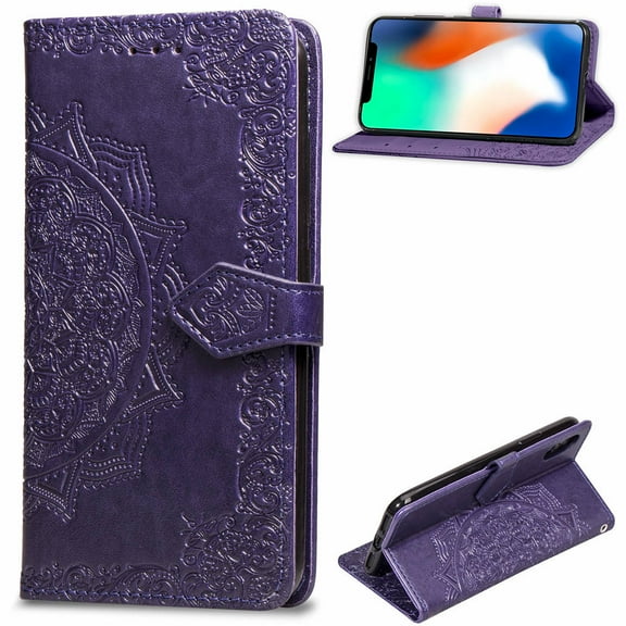 iPhone Xs X Wallet Cases and Covers, Allytech Slim Premium PU Flip Stand Cover Mandala Embossed Full Body Protection with Card Holder Magnetic Closure for iPhone Xs X, Purple